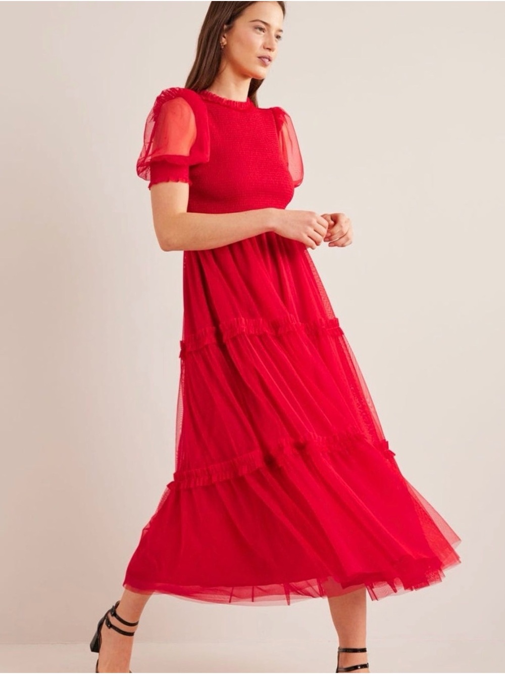 Boden Red Tulle Tiered Midi Dress with Puff Sleeves